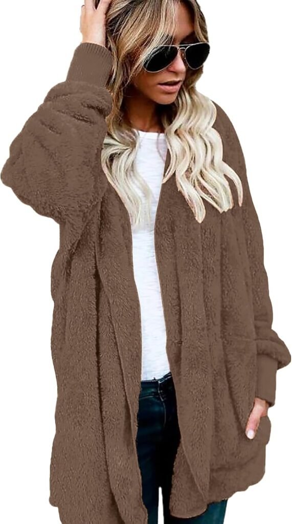 Womens Fuzzy Jacket Hooded Cardigan Open Front Sherpa Coat with Pockets