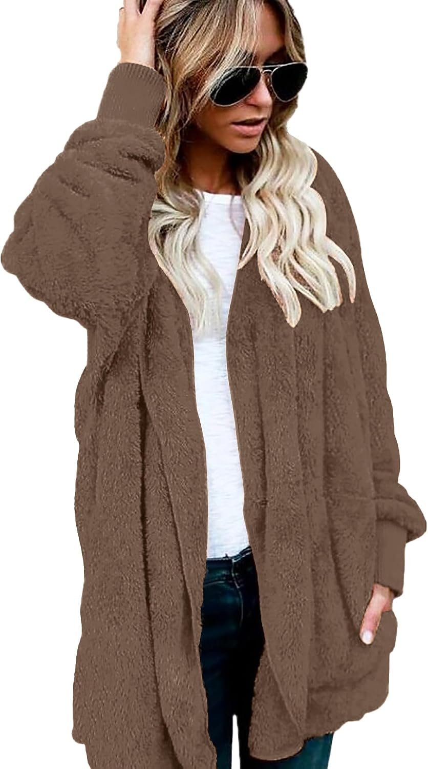 Womens Fuzzy Jacket Hooded Cardigan Open Front Sherpa Coat with Pockets - Image 3