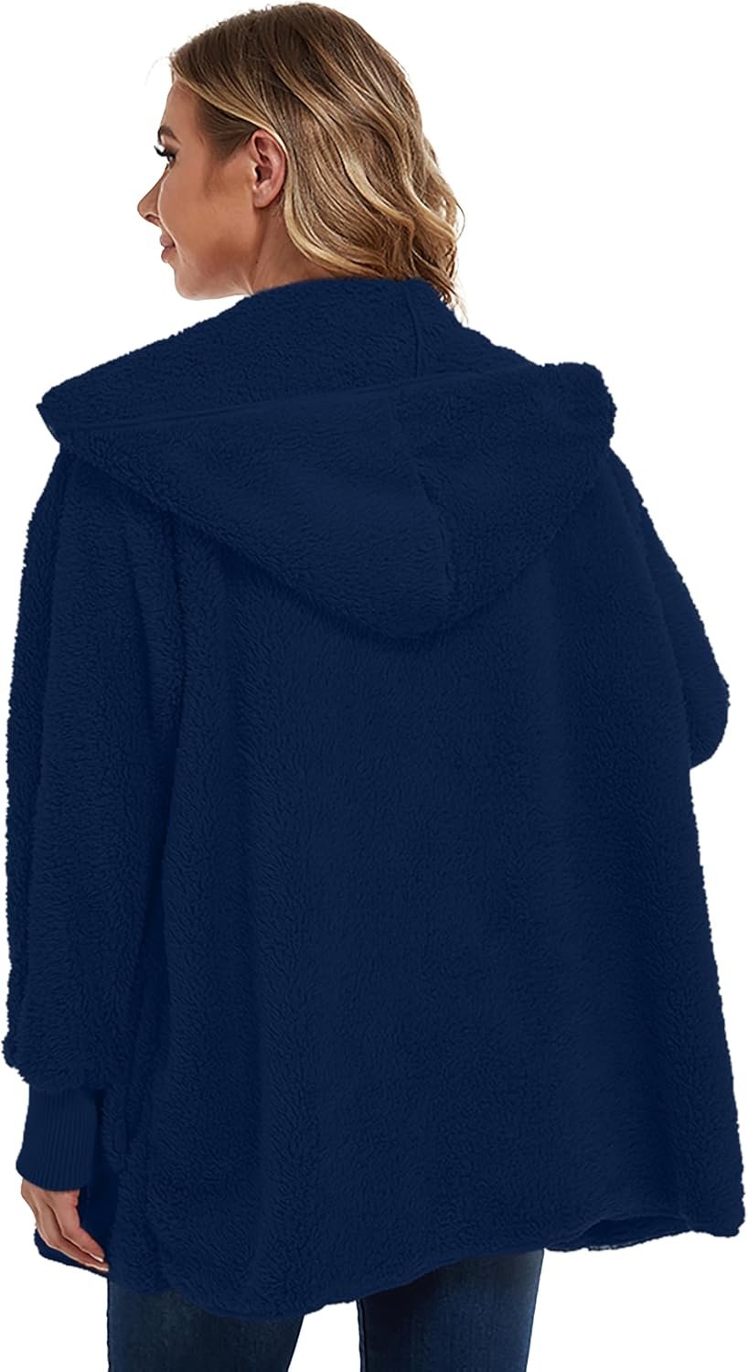 Womens Fuzzy Jacket Hooded Cardigan Open Front Sherpa Coat with Pockets - Image 6
