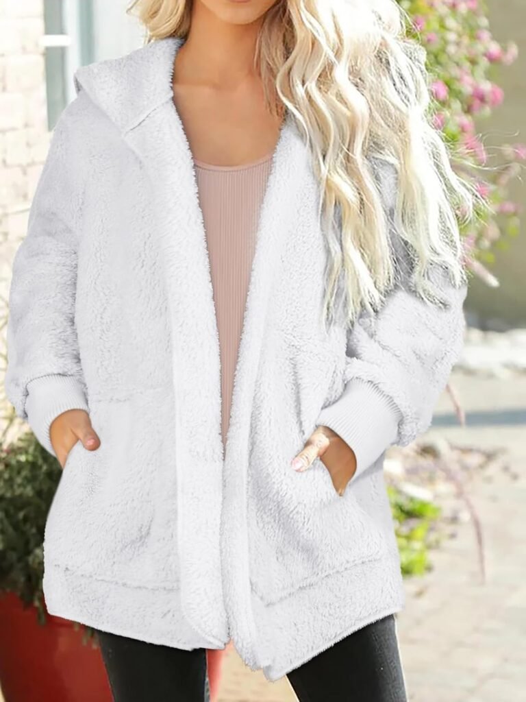 Womens Fuzzy Jacket Hooded Cardigan Open Front Sherpa Coat with Pockets