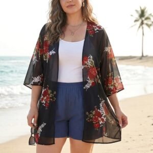 Womens Floral Kimono Cardigan Beach Cover Up Casual Summer Tops | 2026 Puff Sleeve Open Front Chiffon Outfit,Hawaiian Shirt,Beach Vacation Swimwear, Plus Top,Boho ladies Blouse,Cruise Resort - Image 6