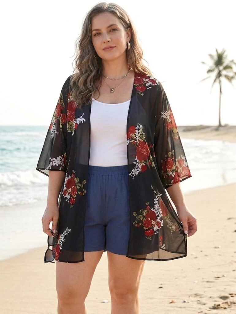 Womens Floral Kimono Cardigan Beach Cover Up Casual Summer Tops | 2026 Puff Sleeve Open Front Chiffon Outfit,Hawaiian Shirt,Beach Vacation Swimwear, Plus Top,Boho ladies Blouse,Cruise Resort