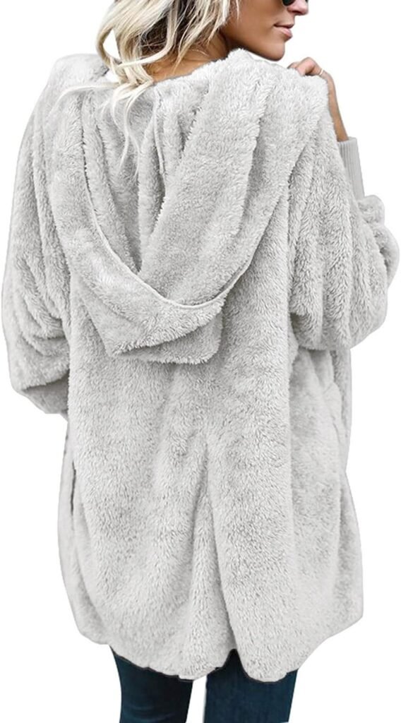 Womens Fuzzy Jacket Hooded Cardigan Open Front Sherpa Coat with Pockets