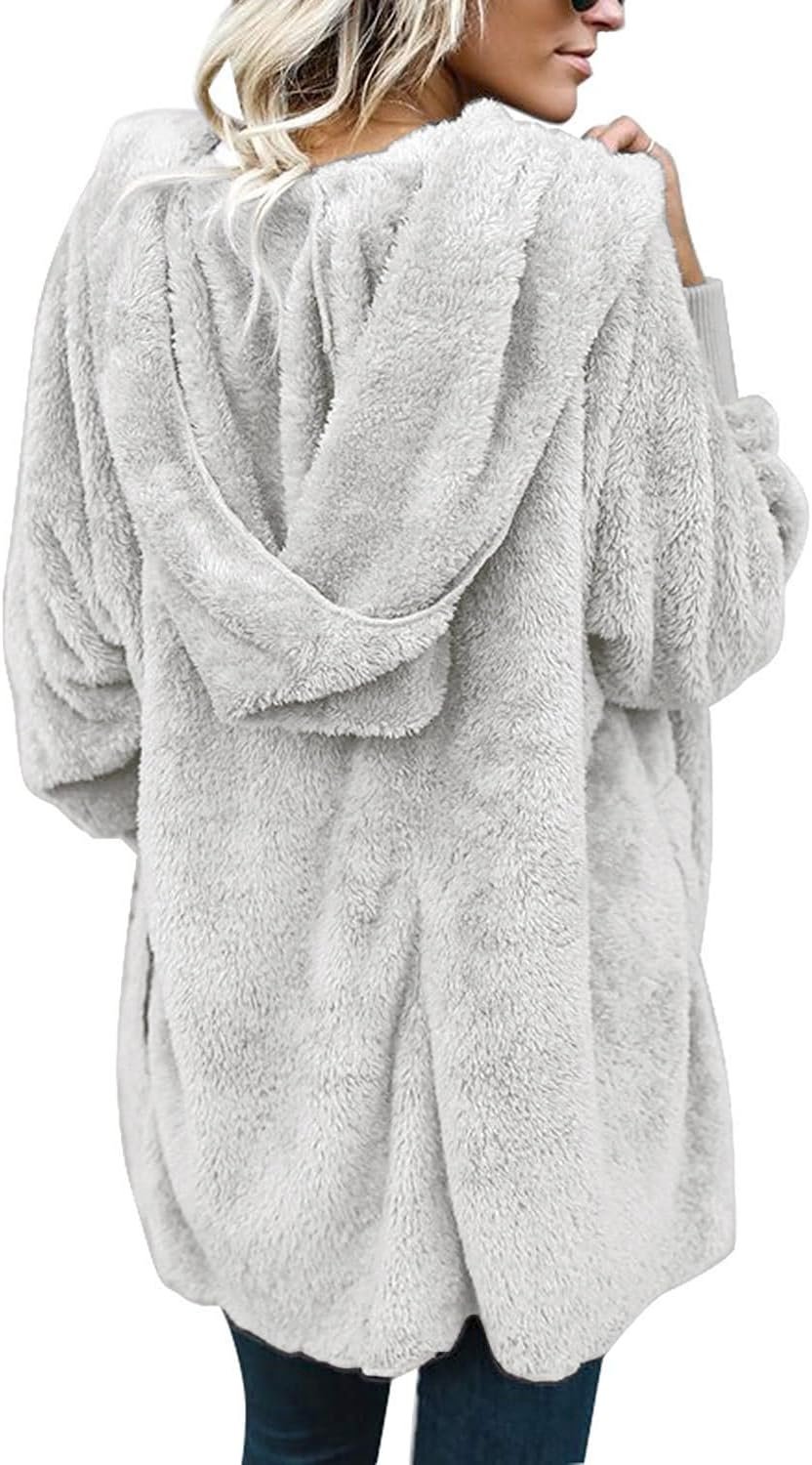 Womens Fuzzy Jacket Hooded Cardigan Open Front Sherpa Coat with Pockets - Image 5