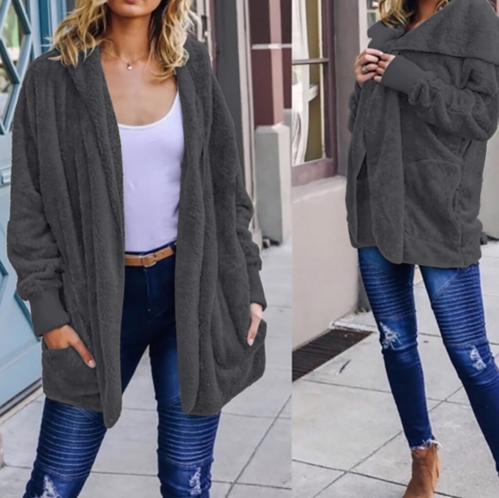 Womens Fuzzy Jacket Hooded Cardigan Open Front Sherpa Coat with Pockets