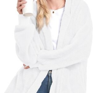 Womens Fuzzy Jacket Hooded Cardigan Open Front Sherpa Coat with Pockets - Image 7