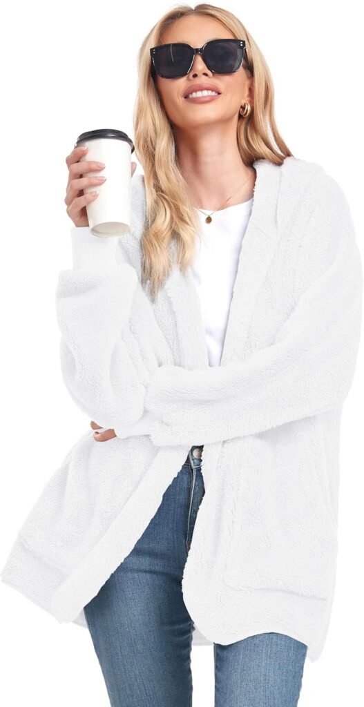 Womens Fuzzy Jacket Hooded Cardigan Open Front Sherpa Coat with Pockets