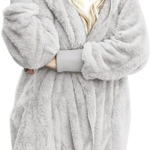 Womens Fuzzy Jacket Hooded Cardigan Open Front Sherpa Coat with Pockets - Image 6