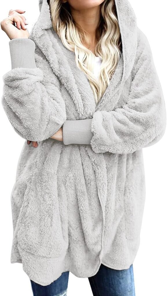 Womens Fuzzy Jacket Hooded Cardigan Open Front Sherpa Coat with Pockets