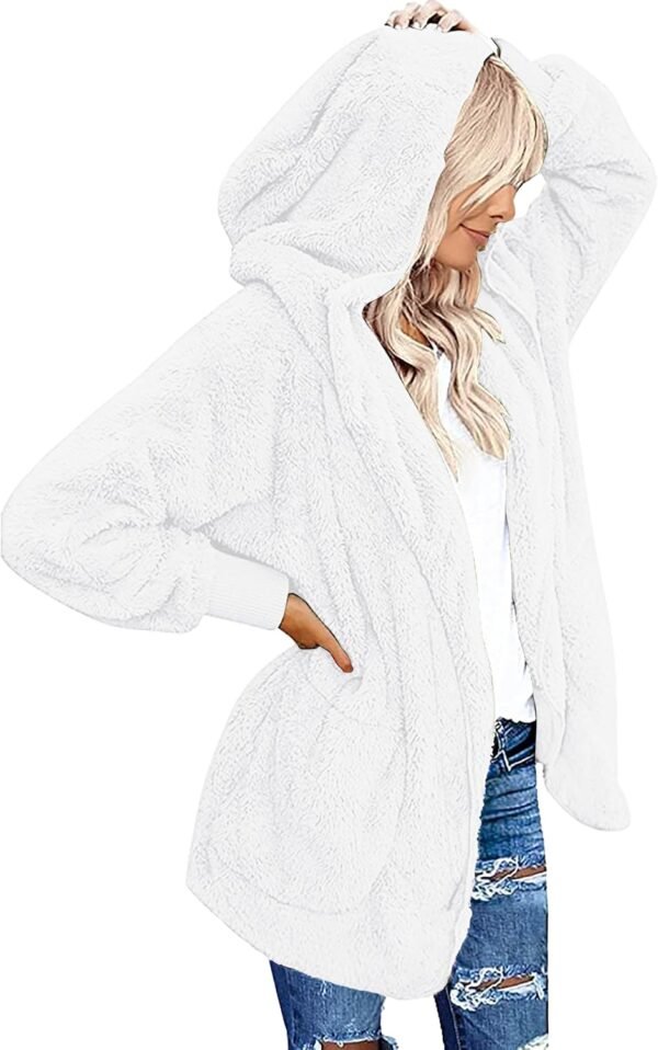 Womens Fuzzy Jacket Hooded Cardigan Open Front Sherpa Coat with Pockets