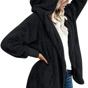 Womens Fuzzy Jacket Hooded Cardigan Open Front Sherpa Coat with Pockets - Image 1