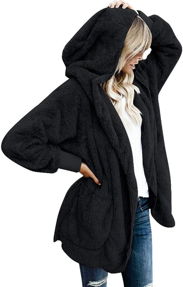 Womens Fuzzy Jacket Hooded Cardigan Open Front Sherpa Coat with Pockets