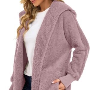 Womens Fuzzy Jacket Hooded Cardigan Open Front Sherpa Coat with Pockets - Image 5