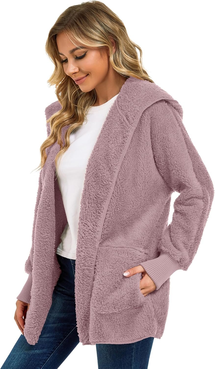 Womens Fuzzy Jacket Hooded Cardigan Open Front Sherpa Coat with Pockets - Image 5