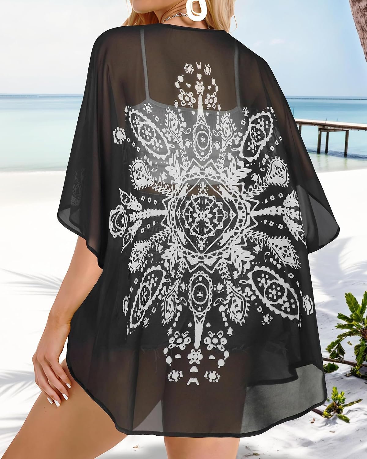 Womens Floral Kimono Cardigan Beach Cover Up Casual Summer Tops | 2026 Puff Sleeve Open Front Chiffon Outfit,Hawaiian Shirt,Beach Vacation Swimwear, Plus Top,Boho ladies Blouse,Cruise Resort - Image 5
