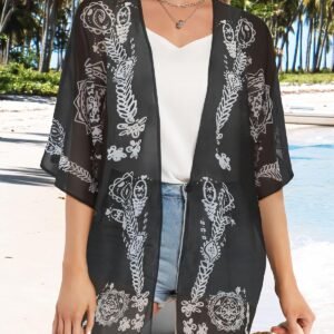 Womens Floral Kimono Cardigan Beach Cover Up Casual Summer Tops | 2026 Puff Sleeve Open Front Chiffon Outfit,Hawaiian Shirt,Beach Vacation Swimwear, Plus Top,Boho ladies Blouse,Cruise Resort - Image 3