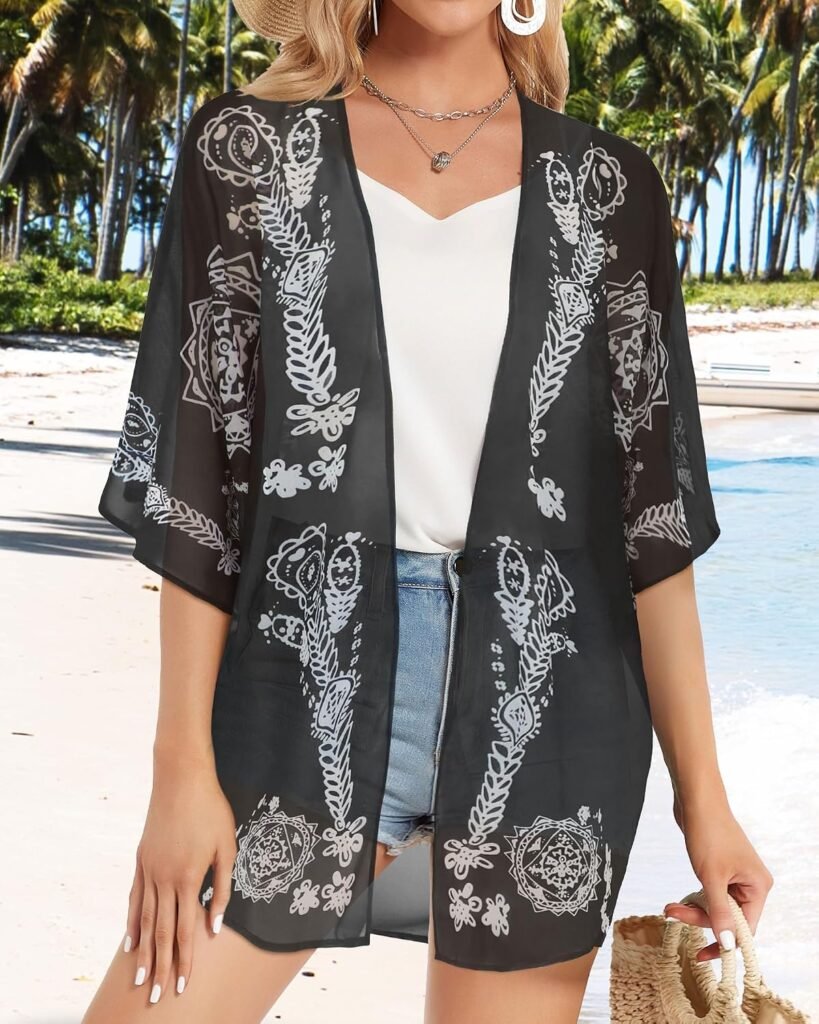 Womens Floral Kimono Cardigan Beach Cover Up Casual Summer Tops | 2026 Puff Sleeve Open Front Chiffon Outfit,Hawaiian Shirt,Beach Vacation Swimwear, Plus Top,Boho ladies Blouse,Cruise Resort