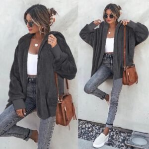 Womens Fuzzy Jacket Hooded Cardigan Open Front Sherpa Coat with Pockets - Image 2