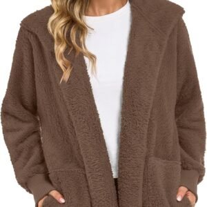 Womens Fuzzy Jacket Hooded Cardigan Open Front Sherpa Coat with Pockets - Image 7