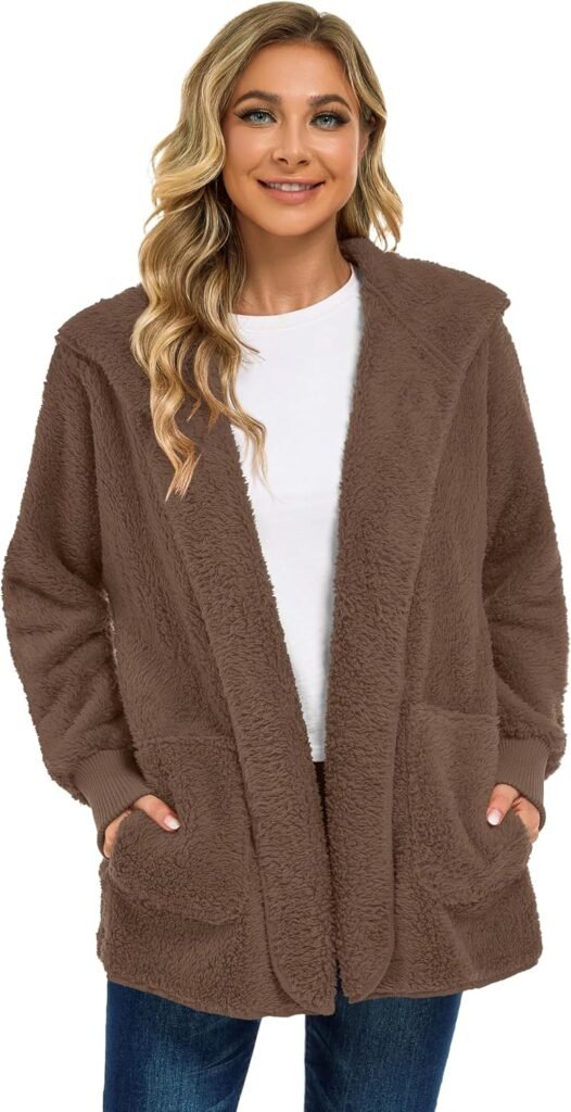 Womens Fuzzy Jacket Hooded Cardigan Open Front Sherpa Coat with Pockets