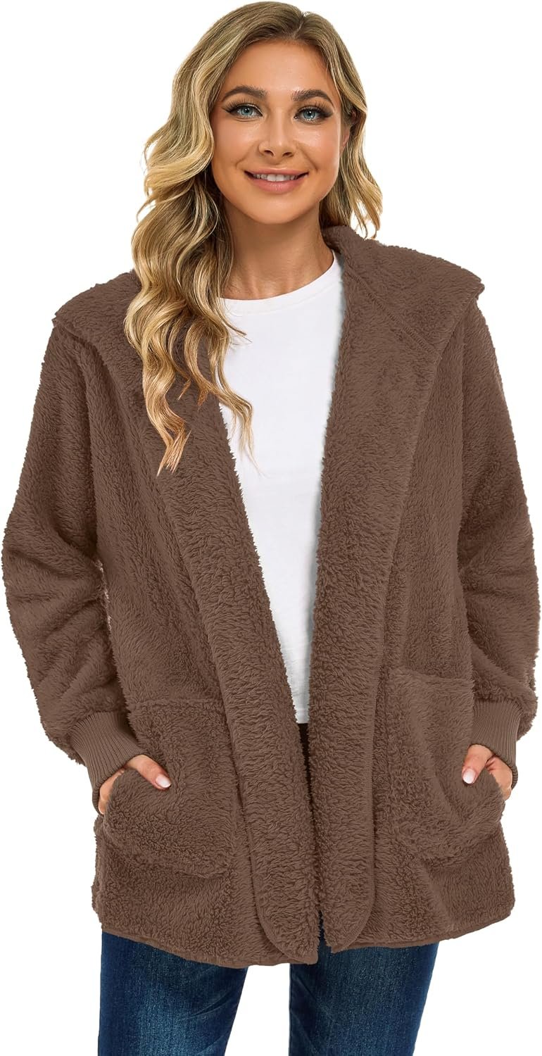 Womens Fuzzy Jacket Hooded Cardigan Open Front Sherpa Coat with Pockets - Image 7