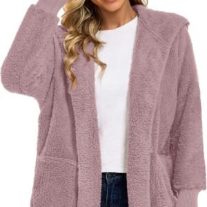 Womens Fuzzy Jacket Hooded Cardigan Open Front Sherpa Coat with Pockets - Image 6