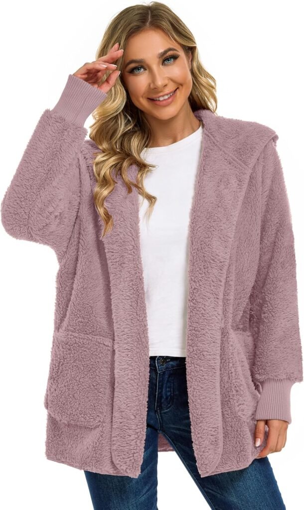 Womens Fuzzy Jacket Hooded Cardigan Open Front Sherpa Coat with Pockets