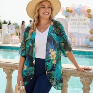 Womens Floral Kimono Cardigan Beach Cover Up Casual Summer Tops | 2026 Puff Sleeve Open Front Chiffon Outfit,Hawaiian Shirt,Beach Vacation Swimwear, Plus Top,Boho ladies Blouse,Cruise Resort - Image 2
