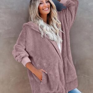 Womens Fuzzy Jacket Hooded Cardigan Open Front Sherpa Coat with Pockets - Image 2