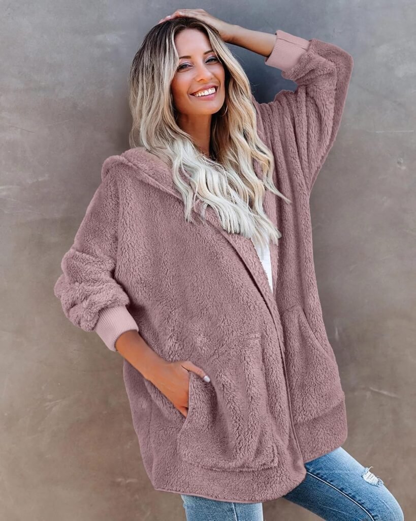 Womens Fuzzy Jacket Hooded Cardigan Open Front Sherpa Coat with Pockets