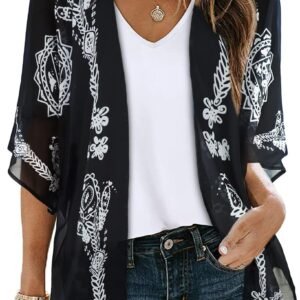 Womens Floral Kimono Cardigan Beach Cover Up Casual Summer Tops | 2026 Puff Sleeve Open Front Chiffon Outfit,Hawaiian Shirt,Beach Vacation Swimwear, Plus Top,Boho ladies Blouse,Cruise Resort - Image 1