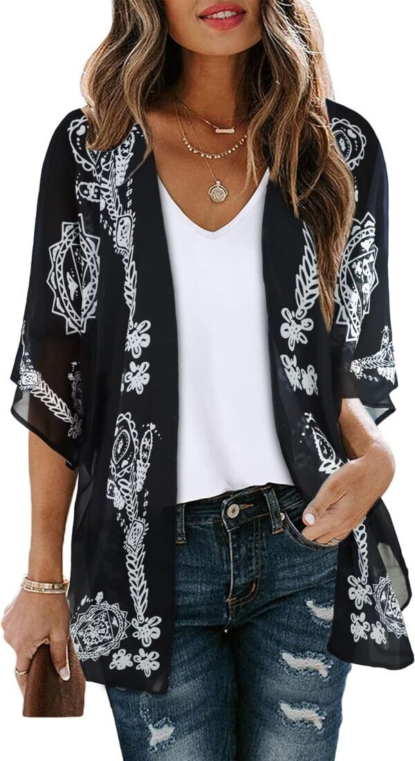 Womens Floral Kimono Cardigan Beach Cover Up Casual Summer Tops | 2026 Puff Sleeve Open Front Chiffon Outfit,Hawaiian Shirt,Beach Vacation Swimwear, Plus Top,Boho ladies Blouse,Cruise Resort