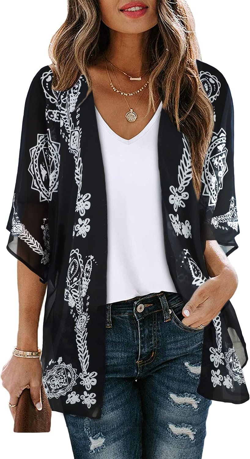 Womens Floral Kimono Cardigan Beach Cover Up Casual Summer Tops | 2026 Puff Sleeve Open Front Chiffon Outfit,Hawaiian Shirt,Beach Vacation Swimwear, Plus Top,Boho ladies Blouse,Cruise Resort - Image 1