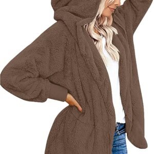 Womens Fuzzy Jacket Hooded Cardigan Open Front Sherpa Coat with Pockets - Image 1