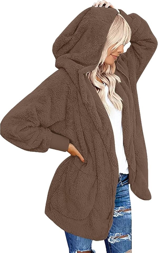 Womens Fuzzy Jacket Hooded Cardigan Open Front Sherpa Coat with Pockets