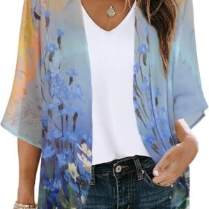 Womens Floral Kimono Cardigan Beach Cover Up Casual Summer Tops | 2026 Puff Sleeve Open Front Chiffon Outfit,Hawaiian Shirt,Beach Vacation Swimwear, Plus Top,Boho ladies Blouse,Cruise Resort - Image 1