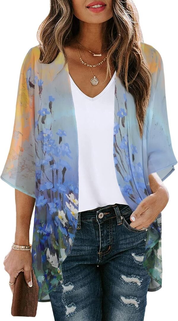 Womens Floral Kimono Cardigan Beach Cover Up Casual Summer Tops | 2026 Puff Sleeve Open Front Chiffon Outfit,Hawaiian Shirt,Beach Vacation Swimwear, Plus Top,Boho ladies Blouse,Cruise Resort