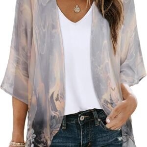 Womens Floral Kimono Cardigan Beach Cover Up Casual Summer Tops | 2026 Puff Sleeve Open Front Chiffon Outfit,Hawaiian Shirt,Beach Vacation Swimwear, Plus Top,Boho ladies Blouse,Cruise Resort - Image 1