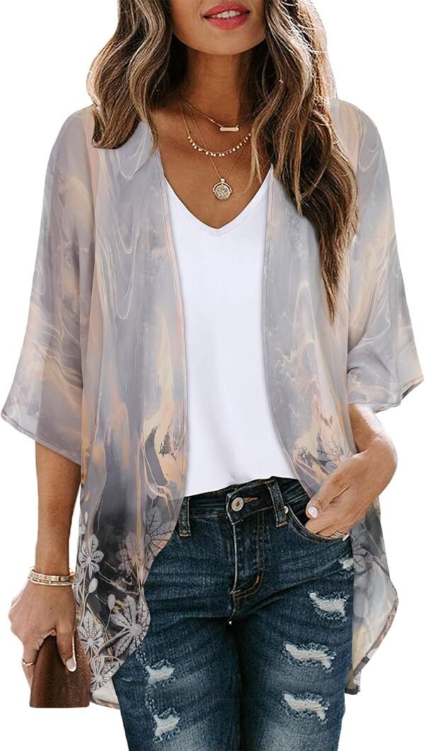 Womens Floral Kimono Cardigan Beach Cover Up Casual Summer Tops | 2026 Puff Sleeve Open Front Chiffon Outfit,Hawaiian Shirt,Beach Vacation Swimwear, Plus Top,Boho ladies Blouse,Cruise Resort