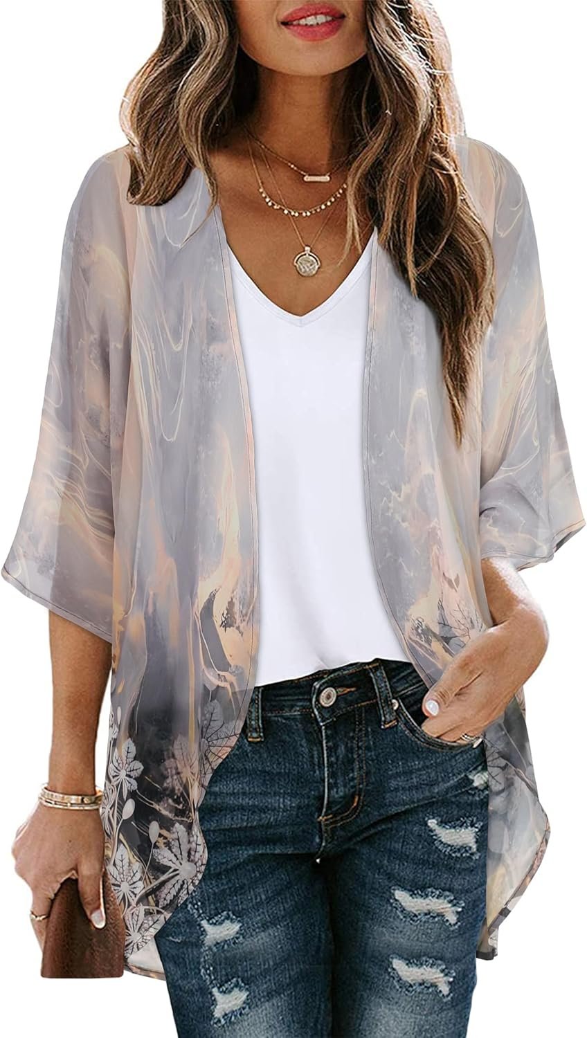 Womens Floral Kimono Cardigan Beach Cover Up Casual Summer Tops | 2026 Puff Sleeve Open Front Chiffon Outfit,Hawaiian Shirt,Beach Vacation Swimwear, Plus Top,Boho ladies Blouse,Cruise Resort - Image 1