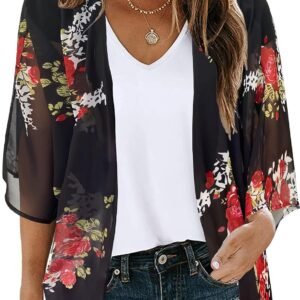 Womens Floral Kimono Cardigan Beach Cover Up Casual Summer Tops | 2026 Puff Sleeve Open Front Chiffon Outfit,Hawaiian Shirt,Beach Vacation Swimwear, Plus Top,Boho ladies Blouse,Cruise Resort - Image 1