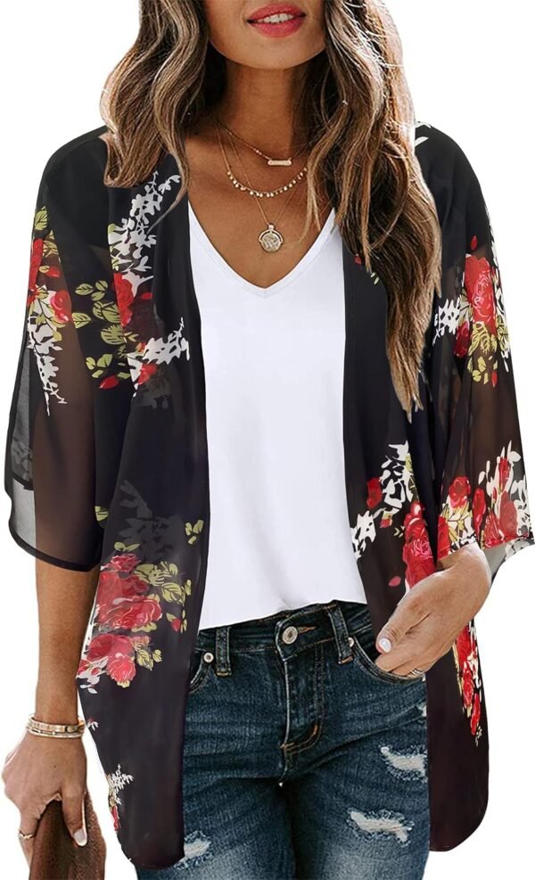 Womens Floral Kimono Cardigan Beach Cover Up Casual Summer Tops | 2026 Puff Sleeve Open Front Chiffon Outfit,Hawaiian Shirt,Beach Vacation Swimwear, Plus Top,Boho ladies Blouse,Cruise Resort
