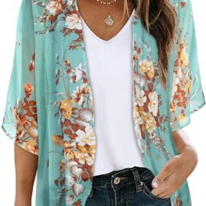 Womens Floral Kimono Cardigan Beach Cover Up Casual Summer Tops | 2026 Puff Sleeve Open Front Chiffon Outfit,Hawaiian Shirt,Beach Vacation Swimwear, Plus Top,Boho ladies Blouse,Cruise Resort - Image 1
