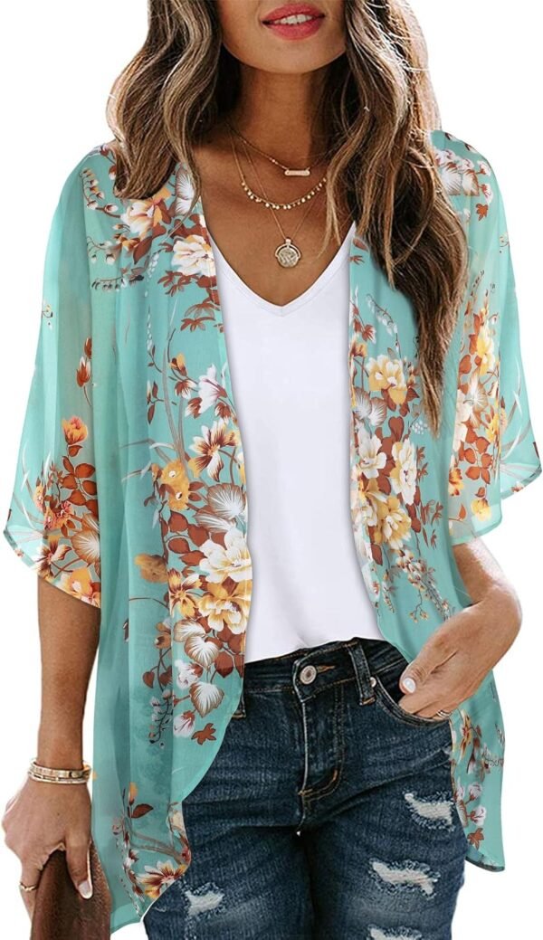 Womens Floral Kimono Cardigan Beach Cover Up Casual Summer Tops | 2026 Puff Sleeve Open Front Chiffon Outfit,Hawaiian Shirt,Beach Vacation Swimwear, Plus Top,Boho ladies Blouse,Cruise Resort
