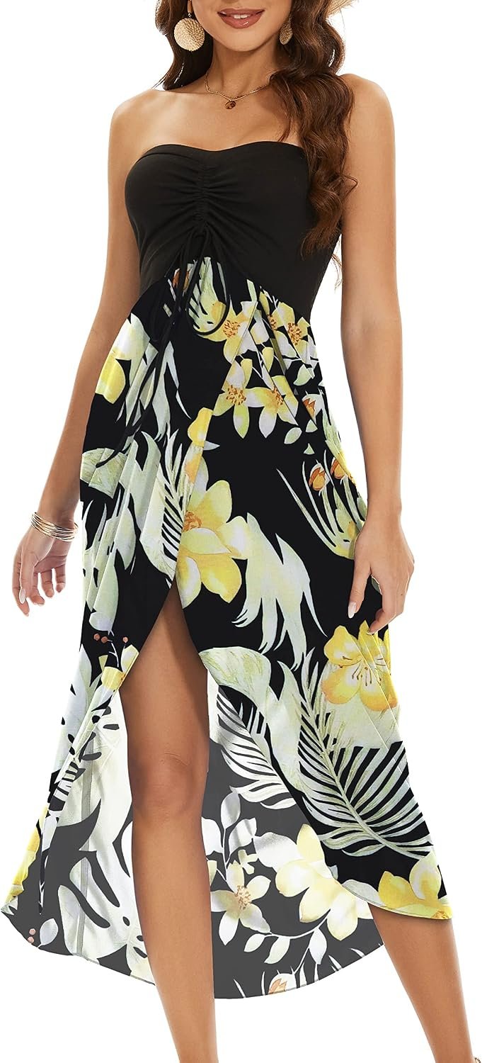 Women's Beach Dress Summer Maxi Sundress Strapless Hawaiian Cover Ups Asymmetrical Wrap Dresses - Image 1
