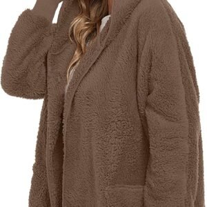 Womens Fuzzy Jacket Hooded Cardigan Open Front Sherpa Coat with Pockets - Image 6