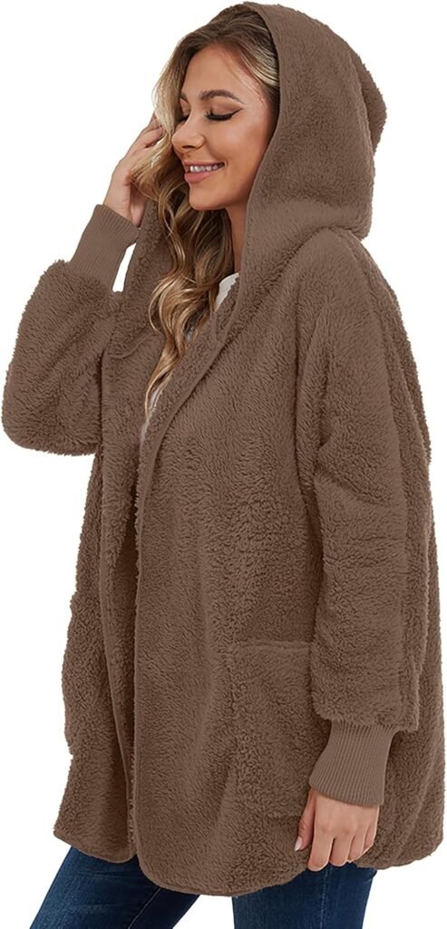 Womens Fuzzy Jacket Hooded Cardigan Open Front Sherpa Coat with Pockets