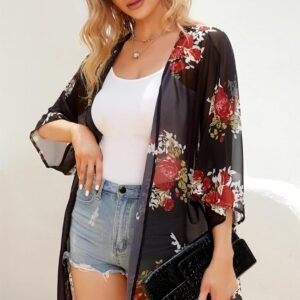 Womens Floral Kimono Cardigan Beach Cover Up Casual Summer Tops | 2026 Puff Sleeve Open Front Chiffon Outfit,Hawaiian Shirt,Beach Vacation Swimwear, Plus Top,Boho ladies Blouse,Cruise Resort - Image 2