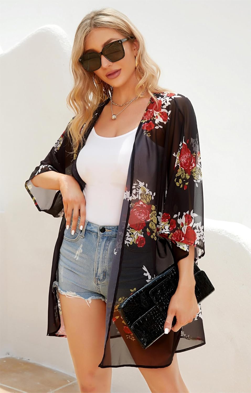 Womens Floral Kimono Cardigan Beach Cover Up Casual Summer Tops | 2026 Puff Sleeve Open Front Chiffon Outfit,Hawaiian Shirt,Beach Vacation Swimwear, Plus Top,Boho ladies Blouse,Cruise Resort - Image 2