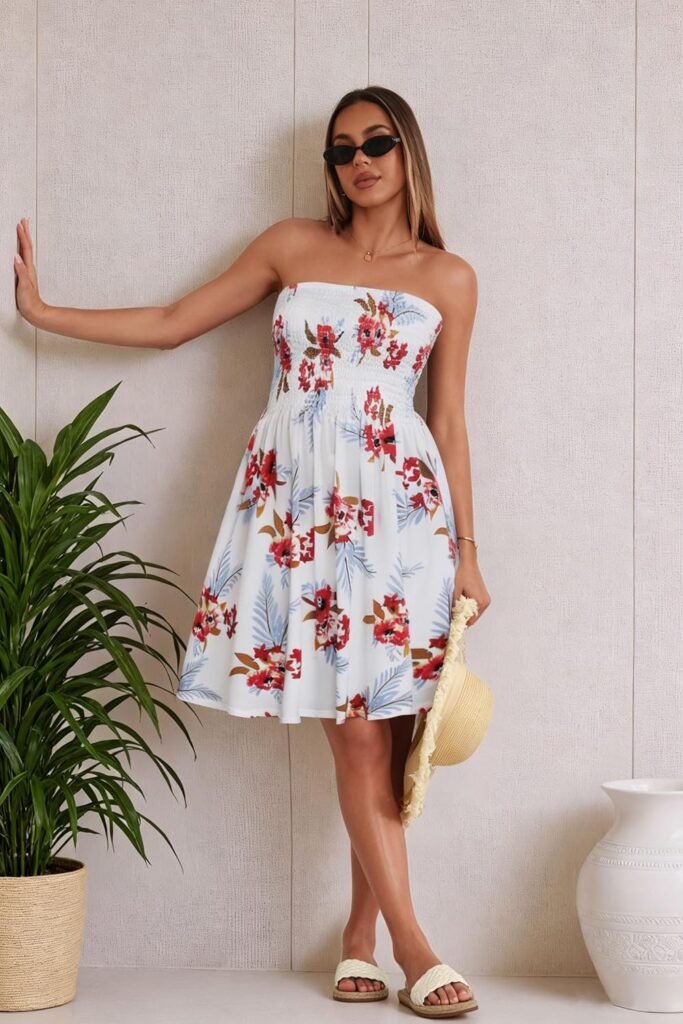 Summer Dresses for Women Strapless Sundress Floral Print Beach Cover Ups | Womens daily casual dresses, Cute hawaiian beach vacation outfits, Trendy boho tube top sun dress